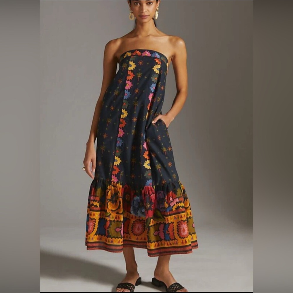 FARM Rio Strapless Dress - Black with Multicolor Patterns